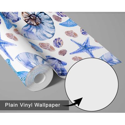 Papel de Parede Vinílico Autoadesivo Removível Vida Marinha Aquarelada Conchas e Estrelas-do-Mar Azul Banheiro/Lavanderia/Closet - S4Sassy 63,5 cm (L) × 304,8 cm (C) / Azul - Vinil Texturizado