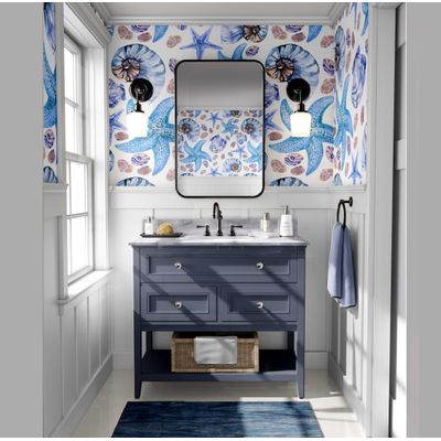 Papel de Parede Vinílico Autoadesivo Removível Vida Marinha Aquarelada Conchas e Estrelas-do-Mar Azul Banheiro/Lavanderia/Closet - S4Sassy 63,5 cm (L) × 304,8 cm (C) / Azul - Vinil Texturizado