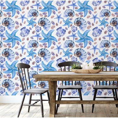 Papel de Parede Vinílico Autoadesivo Removível Vida Marinha Aquarelada Conchas e Estrelas-do-Mar Azul Banheiro/Lavanderia/Closet - S4Sassy 63,5 cm (L) × 304,8 cm (C) / Azul - Vinil Texturizado