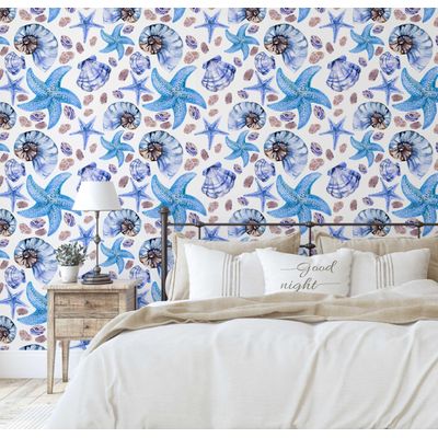 Papel de Parede Vinílico Autoadesivo Removível Vida Marinha Aquarelada Conchas e Estrelas-do-Mar Azul Banheiro/Lavanderia/Closet - S4Sassy 63,5 cm (L) × 304,8 cm (C) / Azul - Vinil Texturizado