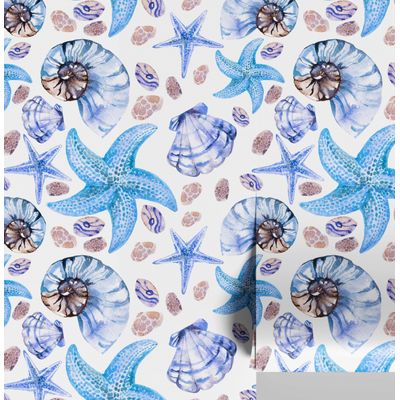 Papel de Parede Vinílico Autoadesivo Removível Vida Marinha Aquarelada Conchas e Estrelas-do-Mar Azul Banheiro/Lavanderia/Closet - S4Sassy 63,5 cm (L) × 304,8 cm (C) / Azul - Vinil Texturizado