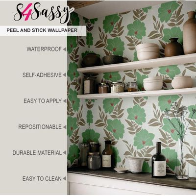 Papel de Parede Autoadesivo Azul com Estampa de Folhagem e Flores, Vinílico Impermeável Removível, Quarto e Sala de Jantar - S4sassy 63,5 cm (L) × 914,4 cm (C) / Verde - Vinil Texturizado