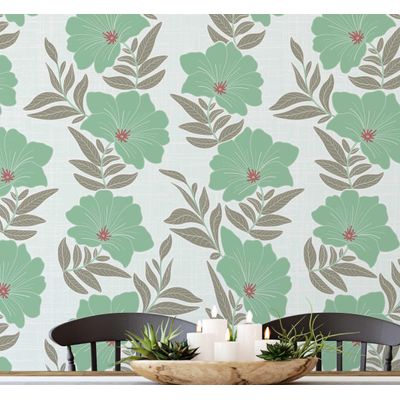 Papel de Parede Autoadesivo Azul com Estampa de Folhagem e Flores, Vinílico Impermeável Removível, Quarto e Sala de Jantar - S4sassy 63,5 cm (L) × 914,4 cm (C) / Verde - Vinil Texturizado