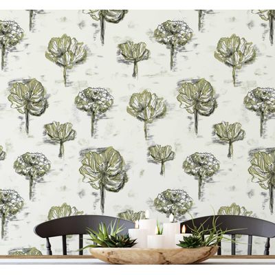 Papel de Parede Esboço Artístico de Dália — Vinil Autoadesivo Verde, Revestimento Decorativo DIY para Quarto, Sala de Estar - S4Sassy 63,5 cm (L) × 304,8 cm (C) / Verde - Vinil Texturizado
