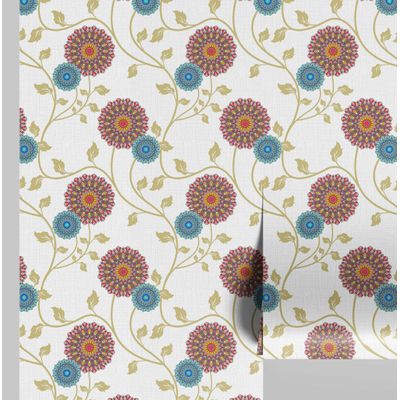 Papel de Parede Dália Florescente Branco, Vinílico Autoadesivo Wallwrap, Revestimento Fácil DIY para Decoração Boho Sala de Estar - S4Sassy 63,5 cm (L) × 914,4 cm (C) / Branco - Vinil Texturizado