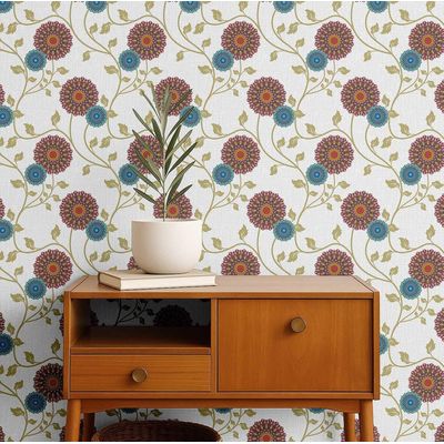 Papel de Parede Dália Florescente Branco, Vinílico Autoadesivo Wallwrap, Revestimento Fácil DIY para Decoração Boho Sala de Estar - S4Sassy 63,5 cm (L) × 914,4 cm (C) / Branco - Vinil Texturizado
