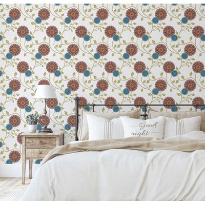 Papel de Parede Dália Florescente Branco, Vinílico Autoadesivo Wallwrap, Revestimento Fácil DIY para Decoração Boho Sala de Estar - S4Sassy 63,5 cm (L) × 914,4 cm (C) / Branco - Vinil Texturizado