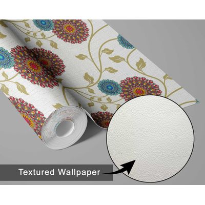 Papel de Parede Dália Florescente Branco, Vinílico Autoadesivo Wallwrap, Revestimento Fácil DIY para Decoração Boho Sala de Estar - S4Sassy 63,5 cm (L) × 914,4 cm (C) / Branco - Vinil Texturizado