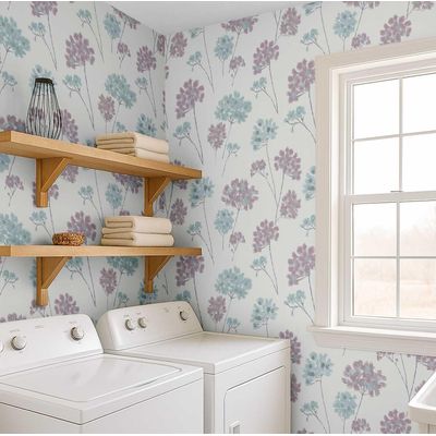 Revestimento Autocolante de Vinil Removível Floral Pastel Azul, Mural Moderno para Quarto, Banheiro, Lavanderia e Closet - S4Sassy 63,5 cm (L) × 152,4 cm (C) / Azul - Vinil Texturizado