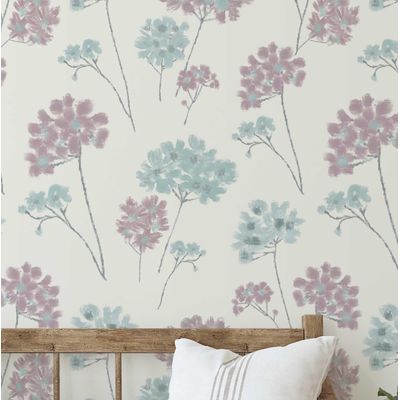 Revestimento Autocolante de Vinil Removível Floral Pastel Azul, Mural Moderno para Quarto, Banheiro, Lavanderia e Closet - S4Sassy 63,5 cm (L) × 152,4 cm (C) / Azul - Vinil Texturizado