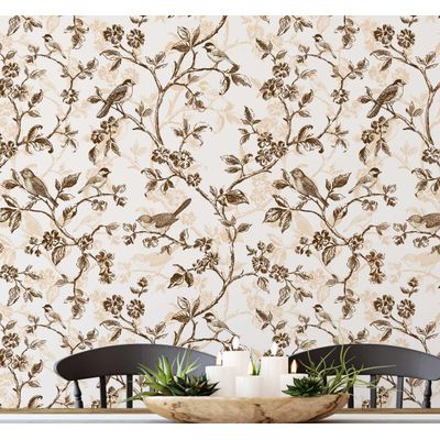 Papel de Parede Autoadesivo Vintage Pássaros e Flores – Revestimento Vinílico Marrom Removível DIY, Papel Contact para Entrada - S4sassy 63,5 cm (L) × 914,4 cm (C) / Marrom - Vinil Texturizado