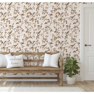 Papel de Parede Autoadesivo Vintage Pássaros e Flores – Revestimento Vinílico Marrom Removível DIY, Papel Contact para Entrada - S4sassy 63,5 cm (L) × 914,4 cm (C) / Marrom - Vinil Texturizado