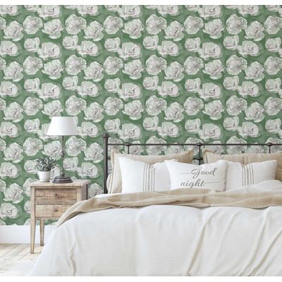 Revestimento de Parede Autoadesivo Removível Vinílico, Estampa Floral Chic Bloom Verde para Banheiro e Lavanderia - S4Sassy 63,5 cm (L) × 152,4 cm (C) / Verde - Vinil Liso