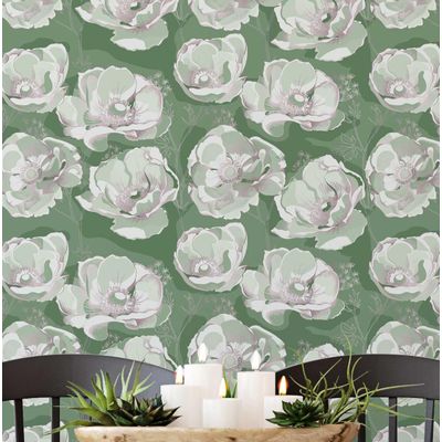 Revestimento de Parede Autoadesivo Removível Vinílico, Estampa Floral Chic Bloom Verde para Banheiro e Lavanderia - S4Sassy 63,5 cm (L) × 152,4 cm (C) / Verde - Vinil Liso