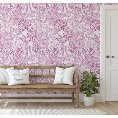 Papel de Parede Autoadesivo Removível Jardim Floral Rosa, Mural de Parede Instantâneo para Quarto, Banheiro, Lavanderia, Closet - S4Sassy 63,5 cm (L) × 609,6 cm (C) / Rosa - Vinil Texturizado