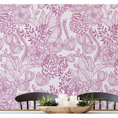 Papel de Parede Autoadesivo Removível Jardim Floral Rosa, Mural de Parede Instantâneo para Quarto, Banheiro, Lavanderia, Closet - S4Sassy 63,5 cm (L) × 609,6 cm (C) / Rosa - Vinil Texturizado