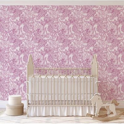 Papel de Parede Autoadesivo Removível Jardim Floral Rosa, Mural de Parede Instantâneo para Quarto, Banheiro, Lavanderia, Closet - S4Sassy 63,5 cm (L) × 609,6 cm (C) / Rosa - Vinil Texturizado