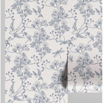 Papel de Parede Autoadesivo Jardim com Pássaros e Libélulas, Vinil Removível Azul para Parede de Entrada, Decoração Fácil - S4sassy 63,5 cm (L) × 304,8 cm (C) / Azul - Vinil Liso