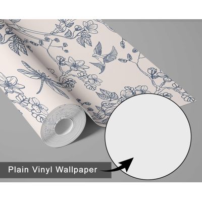 Papel de Parede Autoadesivo Jardim com Pássaros e Libélulas, Vinil Removível Azul para Parede de Entrada, Decoração Fácil - S4sassy 63,5 cm (L) × 304,8 cm (C) / Azul - Vinil Liso