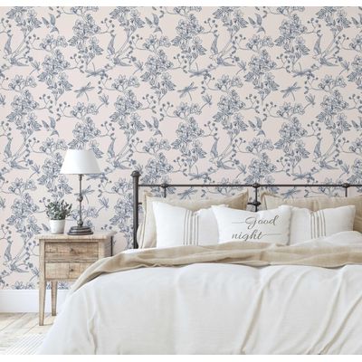 Papel de Parede Autoadesivo Jardim com Pássaros e Libélulas, Vinil Removível Azul para Parede de Entrada, Decoração Fácil - S4sassy 63,5 cm (L) × 304,8 cm (C) / Azul - Vinil Liso