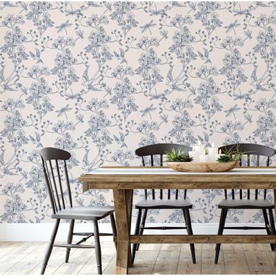 Papel de Parede Autoadesivo Jardim com Pássaros e Libélulas, Vinil Removível Azul para Parede de Entrada, Decoração Fácil - S4sassy 63,5 cm (L) × 304,8 cm (C) / Azul - Vinil Liso