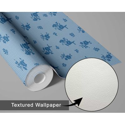 Papel de Parede Autoadesivo Estampa Pontilhada de Folhas e Flores Vinil Impermeável Azul Removível para Locatários Quarto/Sala - S4sassy 63,5 cm (L) × 914,4 cm (C) / Azul - Vinil Texturizado