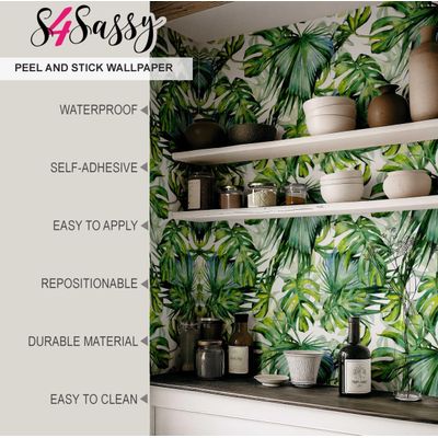 Papel de Parede Tropical Folhas de Monstera Verde, Vinil Autoadesivo, Revestimento Decorativo Fácil DIY para Quarto e Sala - S4Sassy 63,5 cm (L) × 914,4 cm (C) / Verde - Vinil Liso