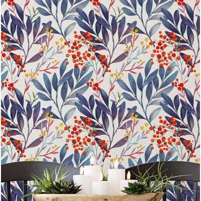 Papel de Parede Autoadesivo Vinílico Impermeável Azul, Bagas em Aquarela, Removível, para Inquilinos, para Quarto e Sala de Jantar - S4Sassy 63,5 cm (L) × 609,6 cm (C) / Azul - Vinil Texturizado