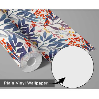 Papel de Parede Autoadesivo Vinílico Impermeável Azul, Bagas em Aquarela, Removível, para Inquilinos, para Quarto e Sala de Jantar - S4Sassy 63,5 cm (L) × 609,6 cm (C) / Azul - Vinil Texturizado