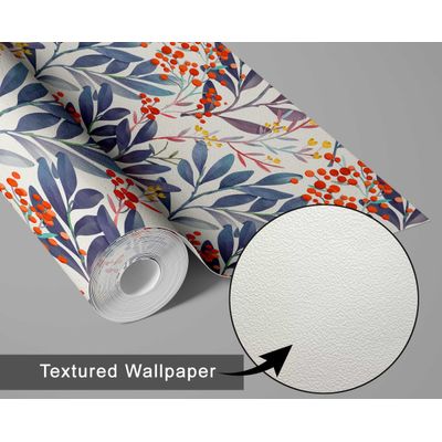 Papel de Parede Autoadesivo Vinílico Impermeável Azul, Bagas em Aquarela, Removível, para Inquilinos, para Quarto e Sala de Jantar - S4Sassy 63,5 cm (L) × 609,6 cm (C) / Azul - Vinil Texturizado