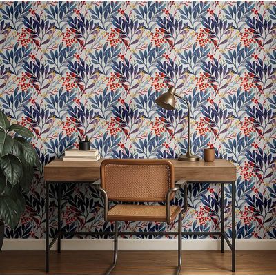 Papel de Parede Autoadesivo Vinílico Impermeável Azul, Bagas em Aquarela, Removível, para Inquilinos, para Quarto e Sala de Jantar - S4Sassy 63,5 cm (L) × 609,6 cm (C) / Azul - Vinil Texturizado