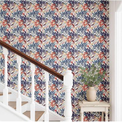 Papel de Parede Autoadesivo Vinílico Impermeável Azul, Bagas em Aquarela, Removível, para Inquilinos, para Quarto e Sala de Jantar - S4Sassy 63,5 cm (L) × 609,6 cm (C) / Azul - Vinil Texturizado