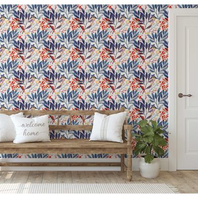 Papel de Parede Autoadesivo Vinílico Impermeável Azul, Bagas em Aquarela, Removível, para Inquilinos, para Quarto e Sala de Jantar - S4Sassy 63,5 cm (L) × 609,6 cm (C) / Azul - Vinil Texturizado