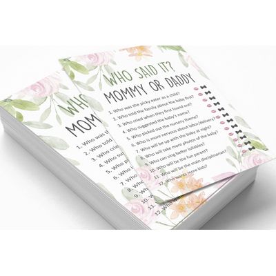 Jogo Quem Disse? Mamãe ou Papai, 50 Folhas, Divertido para Chá de Bebê Neutro Floral, Suprimento para Festa - Inkdotpot 12,7 Cm × 17,78 Cm / Branco