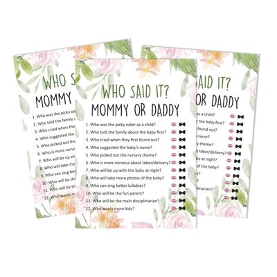 Jogo Quem Disse? Mamãe ou Papai, 50 Folhas, Divertido para Chá de Bebê Neutro Floral, Suprimento para Festa - Inkdotpot 12,7 Cm × 17,78 Cm / Branco