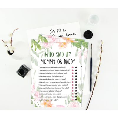Jogo Quem Disse? Mamãe ou Papai, 50 Folhas, Divertido para Chá de Bebê Neutro Floral, Suprimento para Festa - Inkdotpot 12,7 Cm × 17,78 Cm / Branco