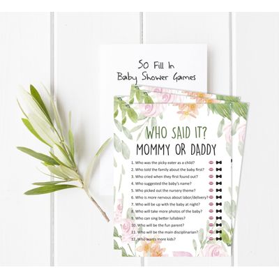 Jogo Quem Disse? Mamãe ou Papai, 50 Folhas, Divertido para Chá de Bebê Neutro Floral, Suprimento para Festa - Inkdotpot 12,7 Cm × 17,78 Cm / Branco
