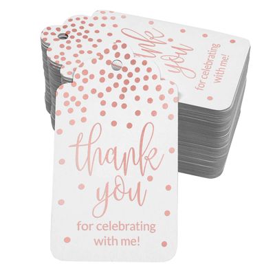 Etiquetas de Papel para Lembrancinha de Aniversário 'Obrigado por Celebrar Comigo' com Foil Artesanal - Inkdotpot 50 Etiquetas Metalizadas / Branco - Ouro Rosé