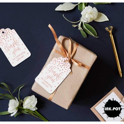 Etiquetas de Papel para Lembrancinha de Aniversário 'Obrigado por Celebrar Comigo' com Foil Artesanal - Inkdotpot 50 Etiquetas Metalizadas / Branco - Ouro Rosé