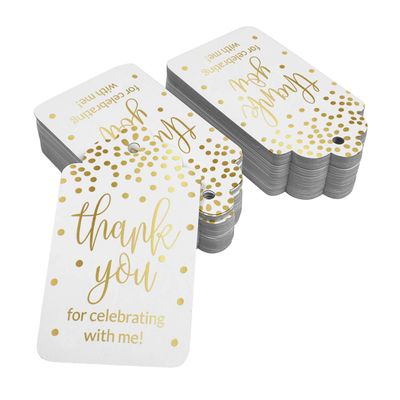 Etiquetas de Papel para Lembrancinha de Aniversário 'Obrigado por Celebrar Comigo' com Foil Artesanal - Inkdotpot 50 Etiquetas Metalizadas / Branco - Ouro Rosé
