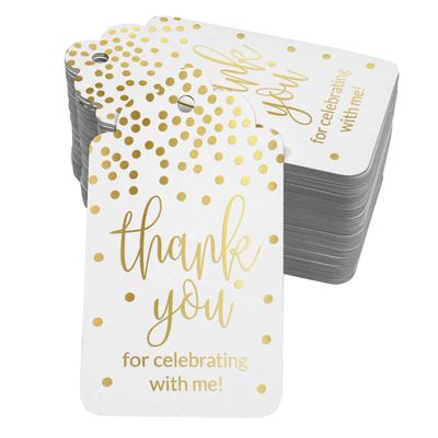 Etiquetas de Papel para Lembrancinha de Aniversário 'Obrigado por Celebrar Comigo' com Foil Artesanal - Inkdotpot 50 Etiquetas Metalizadas / Branco - Ouro Rosé