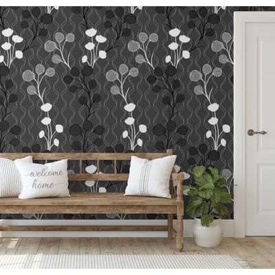 Papel de Parede Autoadesivo Cinza com Estampa Floral de Botões, Vinil Removível DIY, Adesivo de Parede para Entrada e Escritório - S4sassy 63,5 cm (L) × 609,6 cm (C) / Cinza - Vinil Texturizado