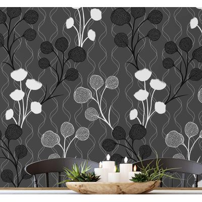 Papel de Parede Autoadesivo Cinza com Estampa Floral de Botões, Vinil Removível DIY, Adesivo de Parede para Entrada e Escritório - S4sassy 63,5 cm (L) × 609,6 cm (C) / Cinza - Vinil Texturizado