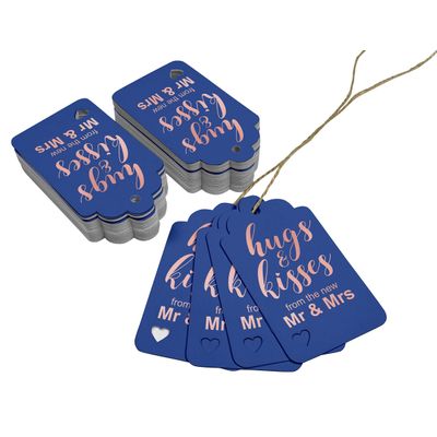 Etiquetas Pendentes Metalizadas para Garrafas de Casamento 'Abraços e Beijos' - Inkdotpot 100 Etiquetas Metalizadas / Azul - Ouro Rosé