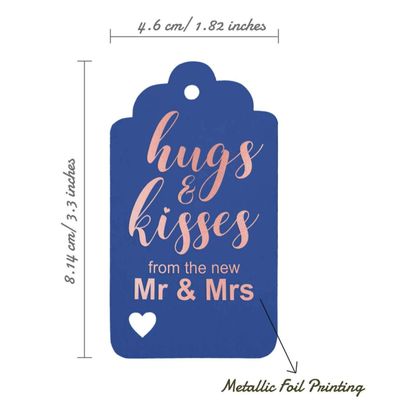 Etiquetas Pendentes Metalizadas para Garrafas de Casamento 'Abraços e Beijos' - Inkdotpot 100 Etiquetas Metalizadas / Azul - Ouro Rosé