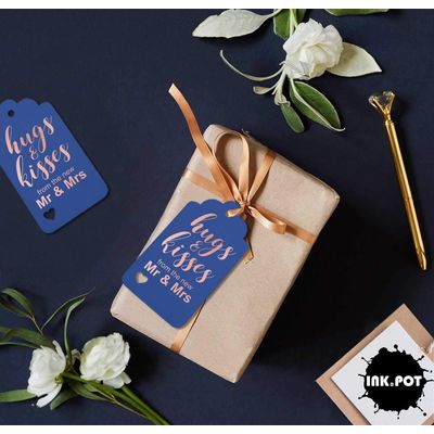 Etiquetas Pendentes Metalizadas para Garrafas de Casamento 'Abraços e Beijos' - Inkdotpot 100 Etiquetas Metalizadas / Azul - Ouro Rosé