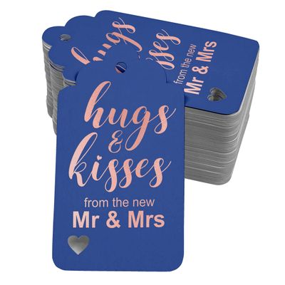 Etiquetas Pendentes Metalizadas para Garrafas de Casamento 'Abraços e Beijos' - Inkdotpot 100 Etiquetas Metalizadas / Azul - Ouro Rosé