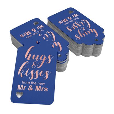 Etiquetas Pendentes Metalizadas para Garrafas de Casamento 'Abraços e Beijos' - Inkdotpot 100 Etiquetas Metalizadas / Azul - Ouro Rosé