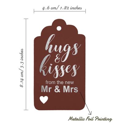 Etiquetas Pendentes Metalizadas para Garrafas de Casamento 'Abraços e Beijos' - Inkdotpot 100 Etiquetas Metalizadas / Marrom - Prata