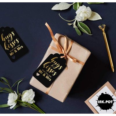 Etiquetas de Garrafa para Lembrança de Casamento Metalizadas "Abraços e Beijos" - Inkdotpot 100 Etiquetas Metalizadas / Preto - Prata